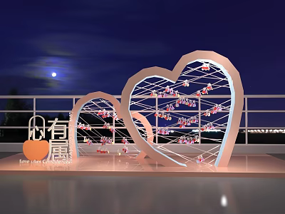 Outdoor Romantic Heart Shaped Decorative Structures With Moonlit Night Railing And Lights 3d model