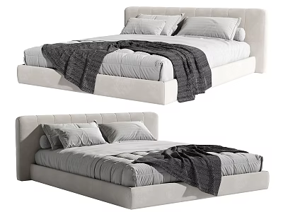 Modern Double Bed With Upholstered Headboard Pillows And Cozy Light Colored Blanket 3d model