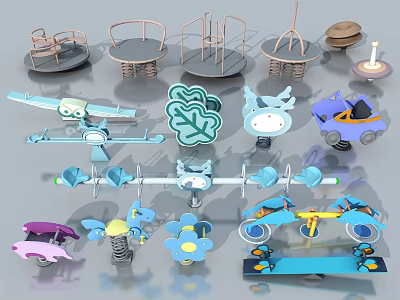 Colorful Children's Playground Equipment With Spring Seats Seesaws Swings And Rocking Cars 3d model
