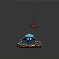 Blue Character With Red Hat Standing On Green Platform With Purple Flowers And Hanging Rope