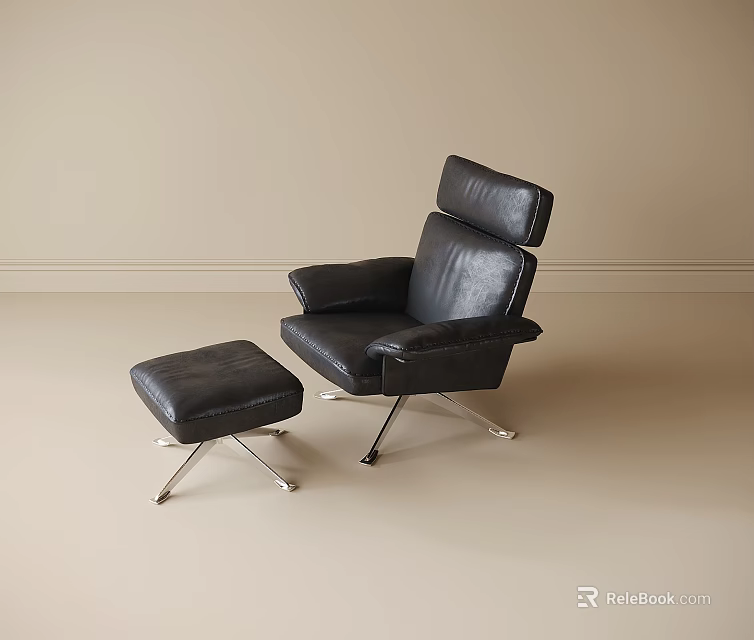 Modern Black Leather Leisure Chair with Matching Ottoman and Metal Legs in Minimalist Room 3d model 
