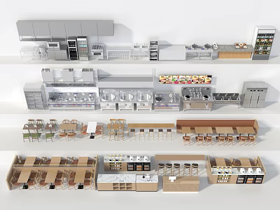 Modern Restaurant Interior With Dining Tables Chairs Kitchen Equipment And Display Shelves 3d model