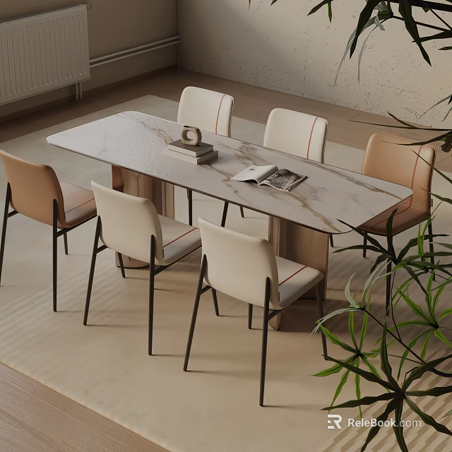 Modern Dining Table Set With Marble Top And Beige Brown Upholstered Chairs 3d model 