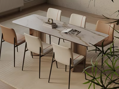 Modern Dining Table Set With Marble Top And Beige Brown Upholstered Chairs 3d model