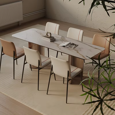 Modern Dining Table Set With Marble Top And Beige Brown Upholstered Chairs 3d model