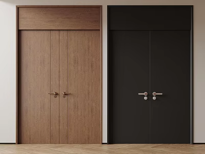 Wooden Brown and Matte Black Double Doors with Metal Handles in Interior Design 3d model