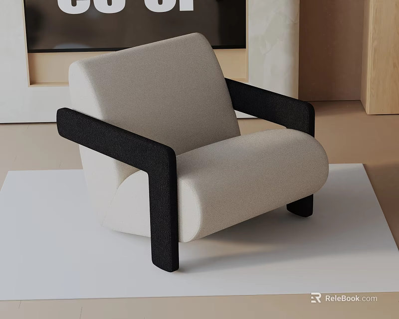 Beige Upholstered Modern Lounge Chair With Black Armrests On Light Colored Rug 3d model 