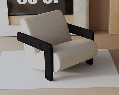 Beige Upholstered Modern Lounge Chair With Black Armrests On Light Colored Rug 3d model