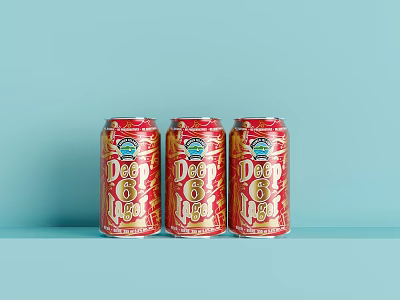 Three Red Deep 6 Canned Beverages Arranged on Light Blue Background 3d model