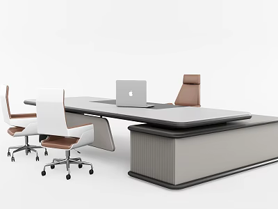 Sleek Modern Office Desk Setup With Laptop And Brown White Ergonomic Chairs 3d model