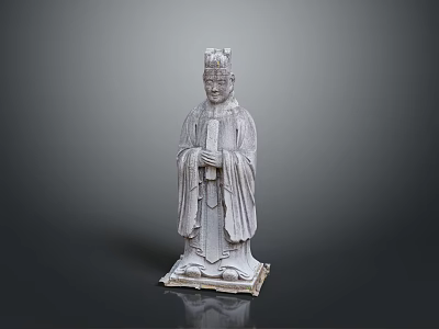 Ancient Man Statue In Traditional Robe With Headpiece And Clasped Hands On Stone Pedestal 3d model