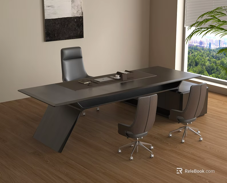 Modern Office Table With Three Ergonomic Chairs On Wooden Floor And Window View 3d model 