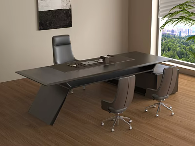 Modern Office Table With Three Ergonomic Chairs On Wooden Floor And Window View 3d model