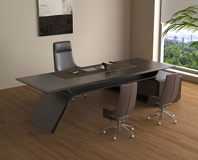 Modern Office Table With Three Ergonomic Chairs On Wooden Floor And Window View 3d model