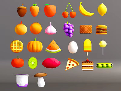 Variety of Fresh Fruits Vegetables Desserts and Snacks in Colorful Food Collection 3d model