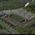 Modern School Building Complex With Green Roofs Sports Field Track And Lush Greenery