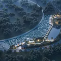 Picturesque Garden Landscape With Winding Paths Lush Trees Calm Water Area Pavilions And Soft Lighting