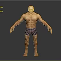 Bald Head Muscular Game And Movie Character In Purple Shorts Standing Pose With Grey Background