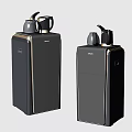 Two Black Floor Standing Water Dispensers With Gold Kettles On Top
