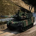 Military Camouflage Main Battle Tank On Grassland With Trees And Power Tower