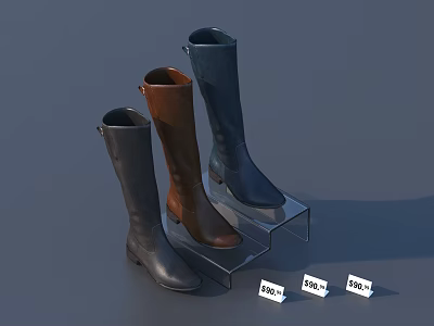 Three Pairs of Stylish Boots in Different Colors on Transparent Display Stand with Price Tags 3d model