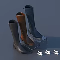 Three Pairs of Stylish Boots in Different Colors on Transparent Display Stand with Price Tags