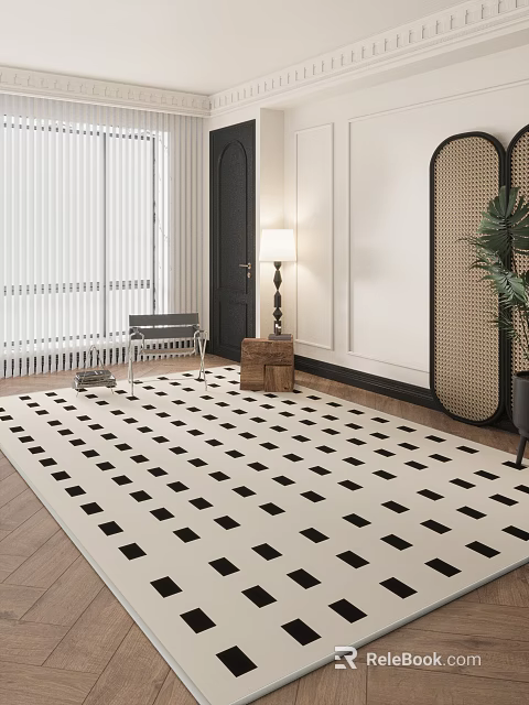 Stylish Living Room With Black And White Checkered Rug Window Blinds And Wooden Side Table 3d model 