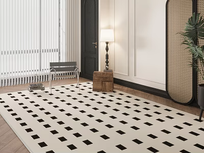 Stylish Living Room With Black And White Checkered Rug Window Blinds And Wooden Side Table 3d model