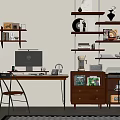 Middle Ancient Style Desk and Chair Computer Side Cabinet Book Ornaments 3d model