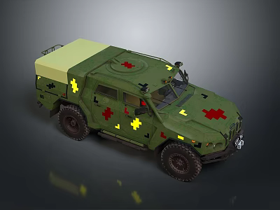 Military Vehicle With Green Body Red Cross Yellow Star Symbols And Medical Design 3d model