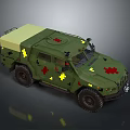 Military Vehicle With Green Body Red Cross Yellow Star Symbols And Medical Design