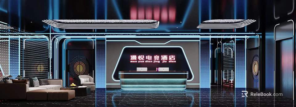 Hotel Corridor In E sports Hotel With Modern Design And Neon Lights Decor 3d model 