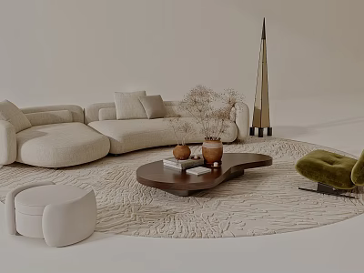 Modern Cream Curved Sectional Sofa And Solid Wood Coffee Table Combination For Cozy Living Room 3d model