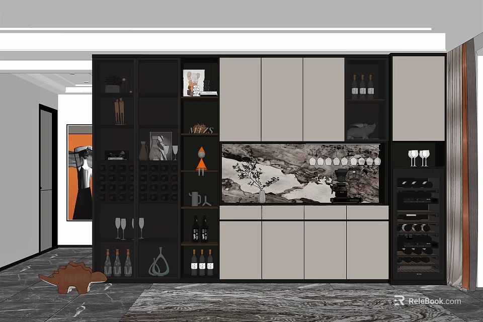 Modern Wine Cabinet With Glass Doors And Decorative Display Shelves For Wine Storage 3d model 