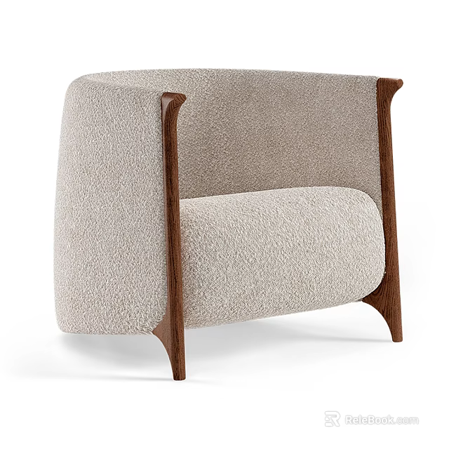 Elegant Modern Accent Chair In Beige Plush Fabric With Walnut Wood Arms Design 3d model 