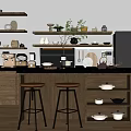 Modern Kitchen Interior With Open Shelves Wooden Cabinets Island Counter And Two Bar Stools