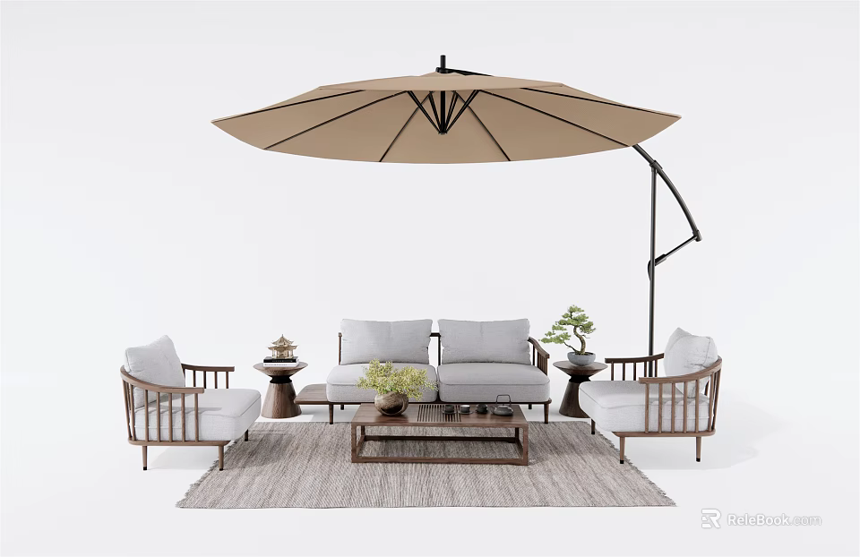Outdoor Sofa Set with Wooden Chairs Coffee Table Umbrella and Plants for Patio Area 3d model 