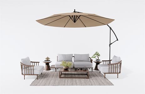 New Chinese Style Outdoor Sofa Leisure Sofa Coffee Table Solid Wood Sofa Pine Bonsai Vase 3d model