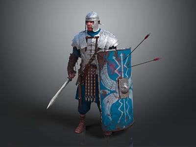 Game And Movie Warrior Character In Silver Armor With Sword And Blue Decorative Shield 3d model