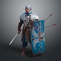 Game And Movie Warrior Character In Silver Armor With Sword And Blue Decorative Shield