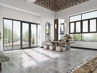 Modern Teahouse Interior With Large Windows Natural Light And Wooden Tables 3d model