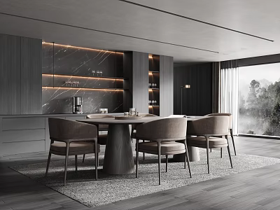 Modern Restaurant Interior With Open Layout Dining Table And Cozy Chairs By Window 3d model