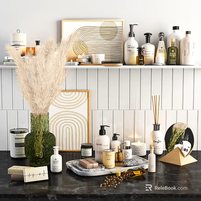 Stylish Bathroom Accessories with Ceramic Bottles Aromatic Candles and Pampas Grass on White Wooden Shelf 3d model 