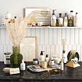 Stylish Bathroom Accessories with Ceramic Bottles Aromatic Candles and Pampas Grass on White Wooden Shelf
