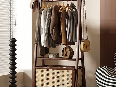 Wooden Standing Clothes Rack Hanging Clothes and Bags With Woven Basket Storage 3d model