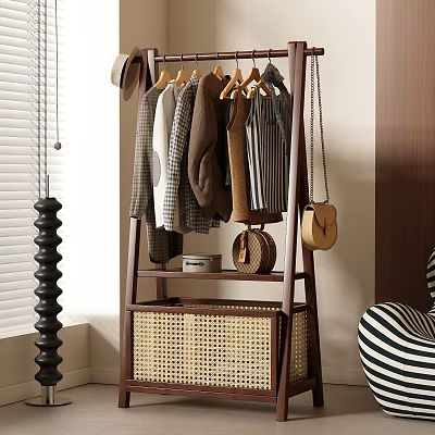 Wooden Standing Clothes Rack Hanging Clothes and Bags With Woven Basket Storage 3d model