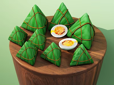 Green Leaf Wrapped Zongzi With Yellow Strings On Wooden Plate And Dip Sauce 3d model