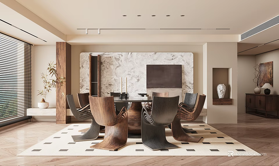 Modern Restaurant Interior With Dining Table Unique Chairs Marble Wall And Geometric Floor 3d model 