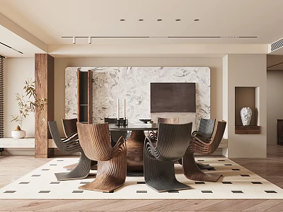 Modern Restaurant Interior With Dining Table Unique Chairs Marble Wall And Geometric Floor 3d model