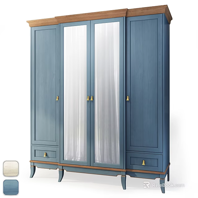 Modern Blue Storage Cabinet With Glass Doors Golden Handles And Wooden Base 3d model 